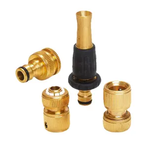 Set of 4 Brass Hose Connectors - Ultra Tough Metal Spray Hose Nozzle, Tap Adaptor, Waterstop & Hosepipe Connector