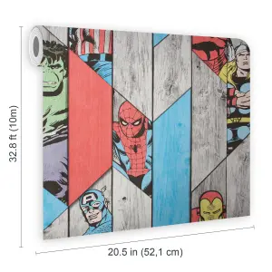 Marvel Avengers Vintage Wood Panel Wallpaper Roll 52cm x 10m Multicolour