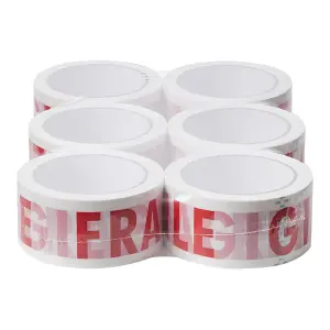 6 Rolls General Purpose Packing Parcel Tape, Caution Tape Fragile Printed 50mm x 60m