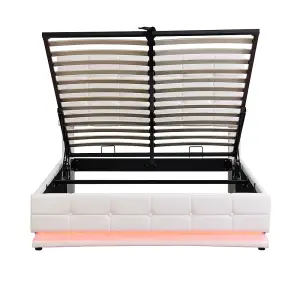 Ottoman Lift Storage Bed with LED Lighting, PU Faux Leather Upholstered 4ft6 Double Size Bed Frame(Without Mattress, White)