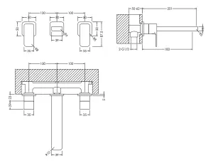 Square Wall Mount 3 Tap Hole Basin Mixer Tap - Chrome