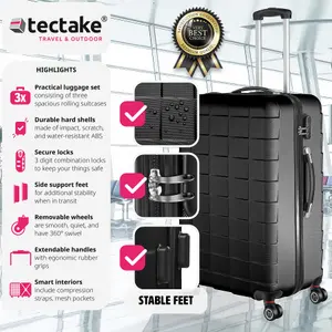 Suitcase Set - 3 hard-shell suitcases with telescopic handle, removable wheels - black