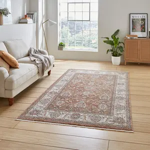 Brown Terracotta Traditional Bordered Floral 10mm Thick Stain-Resistant Rug For Bedroom, & Dining Room-80cm X 300cm