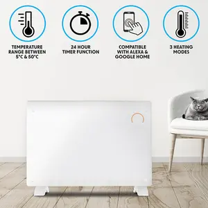 Electric White Glass Panel Heater - 2000W Smart Wi-Fi Wall Moutned Radiator