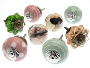 MangoTreeKnobs - Mixed Set of Green & Rose Pink Glass & Ceramic Cupboard Knobs x Pack 8 (MG-169)