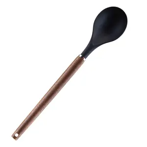 Solid Spoon Wood Handle Acacia Wooden Heat Resistant Solid Spoon Black