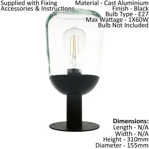 IP44 Outdoor Pedestal Light Black Aluminium & Glass 60W E27 Bulb Wall Post