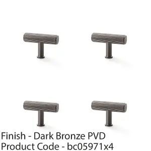 4 PACK - Reeded T Bar Cupboard Door Knob - 55mm x 38mm Dark Bronze Lined Pull Handle