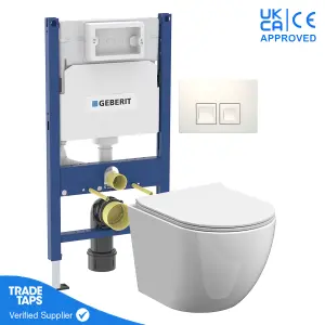 White Wall Hung Toilet Rimless Pan with Geberit Concealed Cistern Frame 98cm & Delta35 White Flush Plate