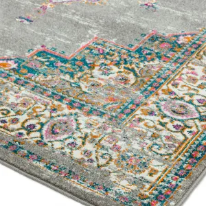 Medallion Grey Geometric Bordered Floral Modern Rug for Living Room Bedroom and Dining Room-120cm X 170cm