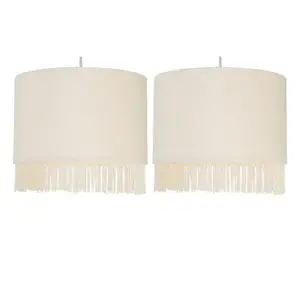 First Choice Lighting Set of 2 Fringed Off White 23cm Fringed Velvet Pendant Shades