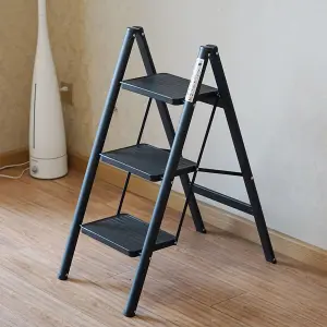 Black 3 Step Ladder Folding Metal Non Slip Stool Heavy Duty Carbon Steel