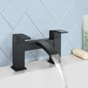 Black Matt Waterfall Basin & Bath Filler Tap Lever Square Deck Mounted Inc. Bath Waste