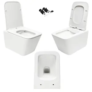 White Square Rimless Wall Hung Toilet WC Pan & Slim Seat