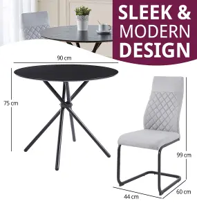 Hallowood Furniture Cullompton Small Round Black Dining Table (90cm) with 4 Light Grey High Back Chairs