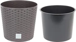 Round Planter Plant Flower Pot Outdoor Garden Weatherproof with Insert Rattan Brown25cm - 7.5 Litres