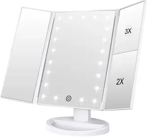 WEILY Makeup Mirror, 1X /2X/3X Trifold Makeup Mirror With 21 LED Lights And Adjustable Touch Screen Mirror Cosmetic Countertop Mirrors (White)