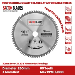 Saxton TCT260MXB TCT Circular Saw Blades 260mm 60T & 80T x 30mm Bore + 16, 20 and 25mm Reduction Rings Pack of 2