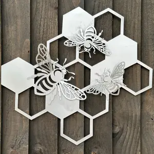 Large Bee Honeycomb Wall Art silver metal home or garden decoration