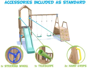 Dunster House Wooden Climbing Frame with Two Swings, Climbing Wall & Slide BalconyFort High Platform