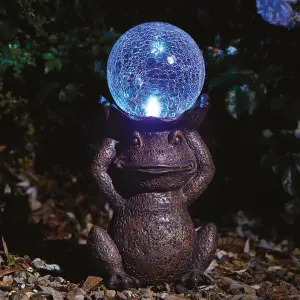 Solar Powered LED Frog Garden Ornament - Hand Painted Polyresin Sculpture with Light Up Crackle Glass Ball - H38 x W21 x D15cm