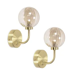 ValueLights Chessy Pair of - Gold Metal Curved Wall Light with Amber Ribbed Glass Globe Shade - LED Bulbs Included