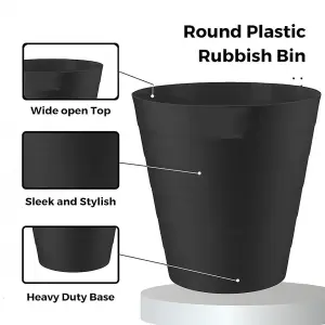 MantraRaj Black Plastic Waste Paper Bin 6L Round Waste Basket Trash Can Lightweight Rubbish Bin Open-Top Design