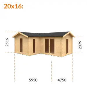 20ft x 16ft (5950mm x 4750mm) Horsforth "The Chester" 44mm L-Shaped Log Cabin With 3 Windows