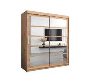 Roma II Oak Artisan Stylish Sliding Door Wardrobe H2000mm W1800mm D620mm with Mirrored Panels and Silver Handles