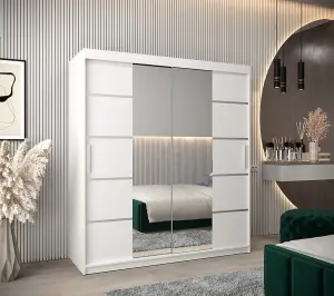 Verona 04 Contemporary 2 Mirrored Sliding Door Wardrobe 9 Shelves 2 Rails White Matt (H)2000mm (W)1800mm (D)620mm