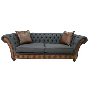 Chesterfield 3 Seater Sofa Antique Tan Leather Marinello Pewter Fabric In Jepson Style