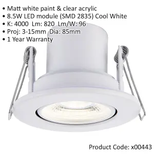 4 PACK Recessed Tiltable Ceiling Downlight - 8.5W Cool White LED - Matt White