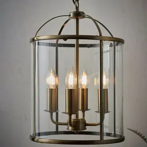 4 Light Hanging Ceiling Pendant Brass & Glass Lantern Shade Lamp Bulb Holder