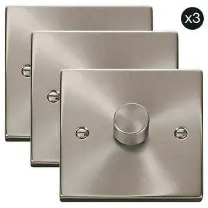 3 PACK - Satin / Brushed Chrome 1 Gang 2 Way LED 100W Trailing Edge Dimmer Light Switch - SE Home