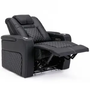 Broadway Cinema Electric Recliner Chair USB Charging Led Base (Black w White Stitching)