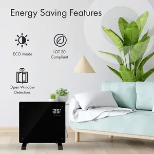 WiFi Smart Electric Glass Panel Heater 1000W Wall Mounted Or Free Standing Black