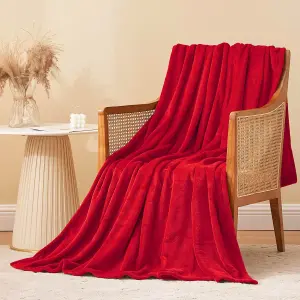 Faux Fur Mink Throw Luxury Super Soft Plain Bed Sofa Settee Throw Blanket- Large - Red