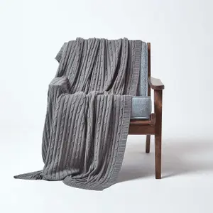 Homescapes Cotton Cable Knit Throw, Grey, 150 x 200 cm