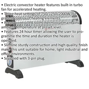 2000W Convector Heater - Thermostat & Turbo Fan - 3 Heat Settings - 24Hr Timer