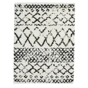 White Black Shaggy Geometric Modern Moroccan Easy to Clean Rug for Living Room, Bedroom and Dining Room-120cm X 170cm