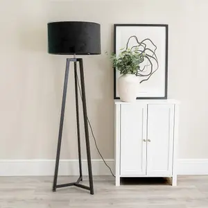 ValueLights Lottie Black Wood Tripod Floor Lamp with Black Velvet Drum Shade