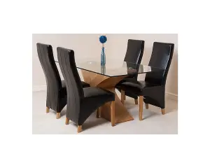 Valencia 160 cm x 90 cm Glass Dining Table and 4 Chairs Dining Set with Lola Black Leather Chairs