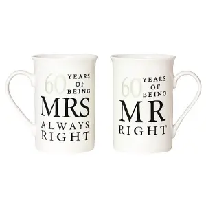 Ivory White 60th Anniversary Mr Right & Mrs Always Right Ceramic Mug Gift Set