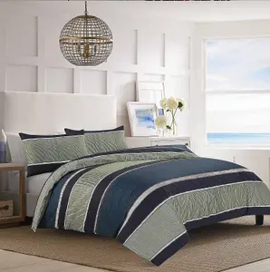 4 Pcs Nathan Stripes Blue Duvet Cover Set With Valance Sheet & Pillowcase