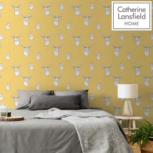 Catherine Lansfield Ochre Stag Pearl effect Embossed Wallpaper