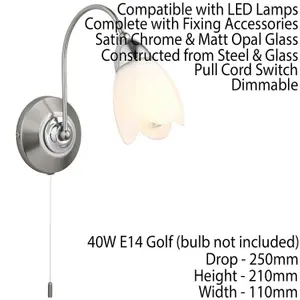 Dimming LED Wall Light Satin Chrome & Diffused Glass Shade Single Lamp Fitting