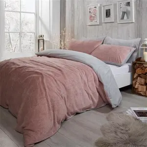 Brentfords Teddy Fleece Reversible Duvet Cover Set, Blush Pink/Grey - Single