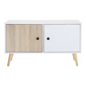 2 Doors TV Stand Two-Tone Design With Raised Wooden Legs