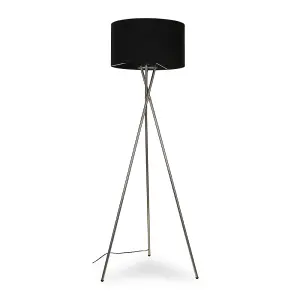 ValueLights Camden Polished Chrome Metal Tripod Floor Lamp with Black Lamp Drum Light Shade - Complete with 6w LED GLS Bulb