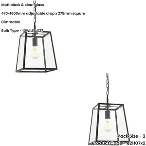 2 PACK Hanging Ceiling Pendant Light - Matt Black & Clear Glass - 10W LED E27